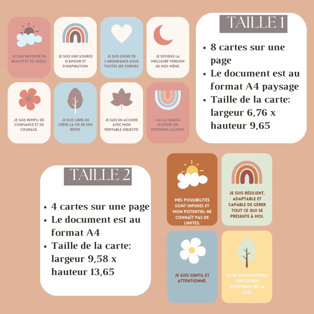 88 cartes d'affirmation en français pour renforcer la confiance, réduire le stress, et décorer des bureaux ou tableaux de vision.