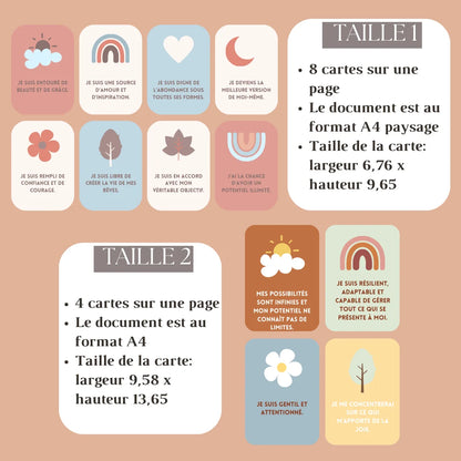 88 cartes d'affirmation en français pour renforcer la confiance, réduire le stress, et décorer des bureaux ou tableaux de vision.