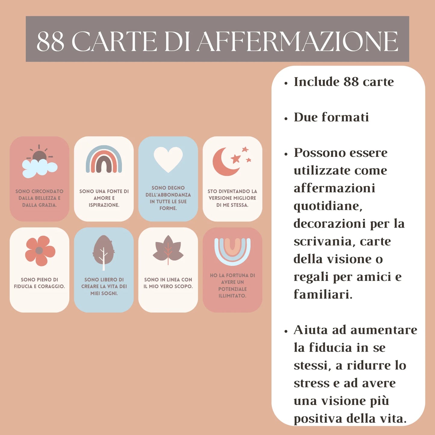 88 carte di affermazione positive in italiano con design colorati e frasi motivazionali per la crescita personale.