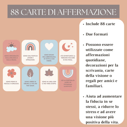 88 carte di affermazione positive in italiano con design colorati e frasi motivazionali per la crescita personale.