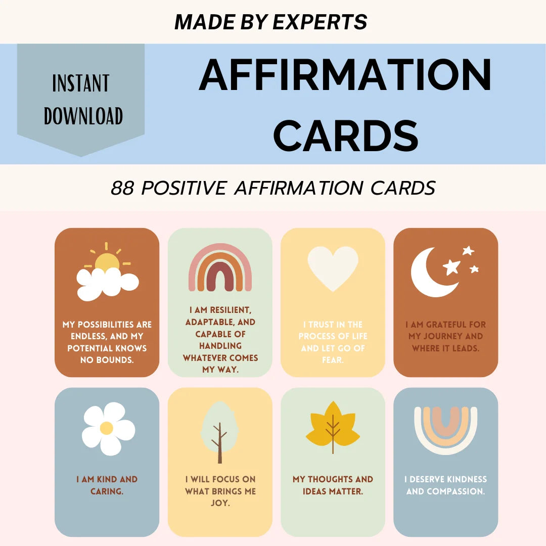 Cover image showcasing 88 Positive Affirmation Cards with vibrant designs and uplifting quotes for mental wellness.