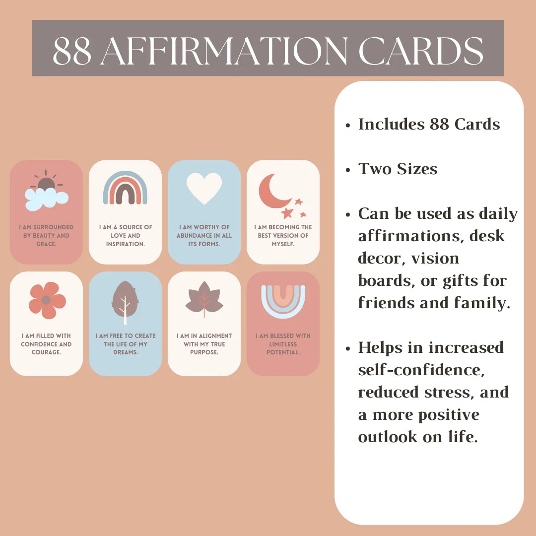 Details of 88 Positive Affirmation Cards, highlighting features like self-confidence, stress reduction, and positive outlook.