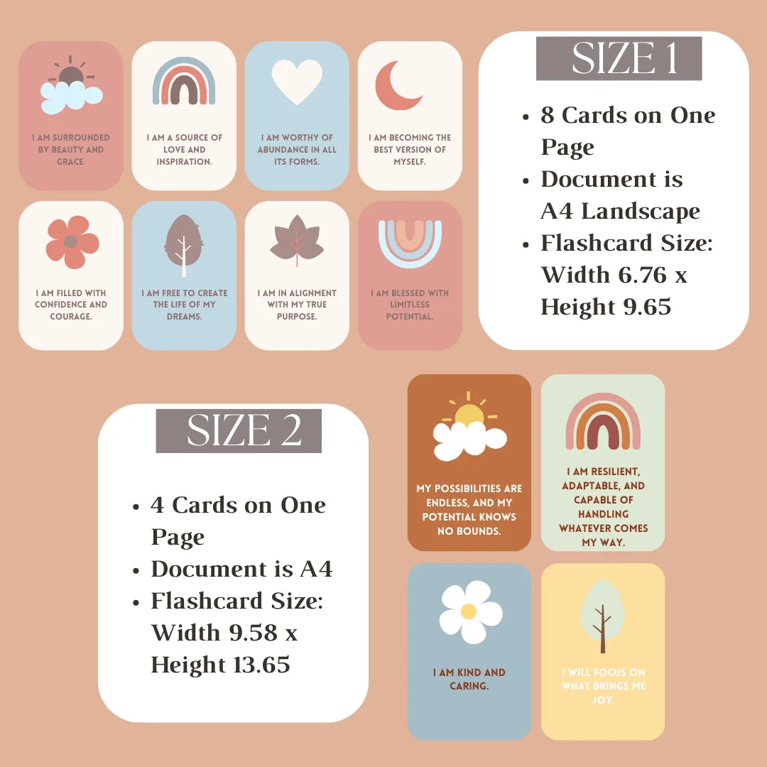 Size options for 88 Positive Affirmation Cards, with A4 layouts for customizable flashcards in two sizes.