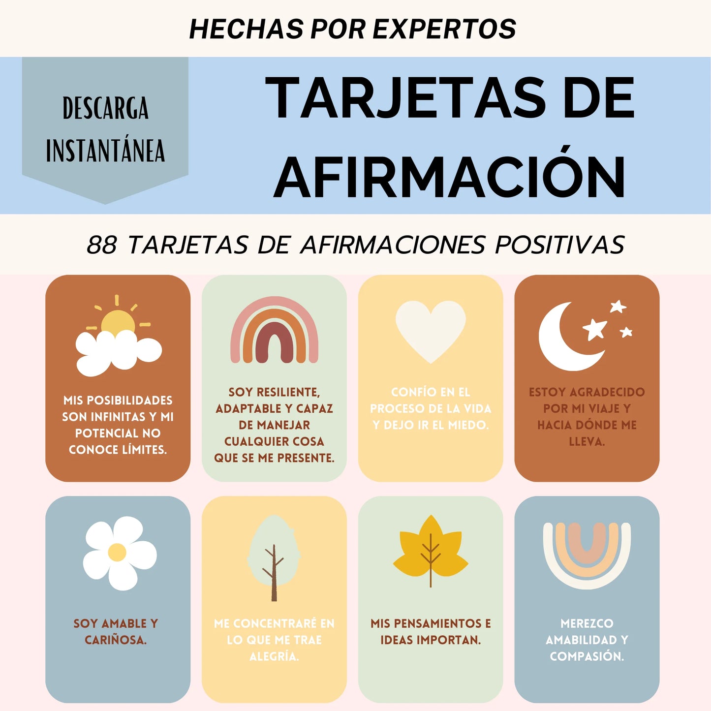 88 tarjetas de afirmaciones positivas en español con diseños inspiradores y frases motivadoras.