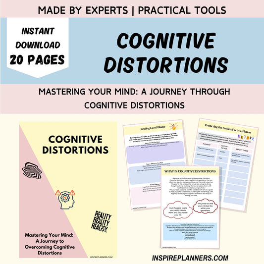  Cognitive distortions workbook, 20-page instant download for self-improvement and awareness.