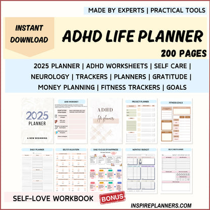 ADHD Life Planner - Instant Download for 2025. Includes worksheets, planners, and tools for personal growth.