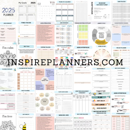 ADHD Life Planner Preview - Over 200 pages of tools for self-care, productivity, and fitness tracking.