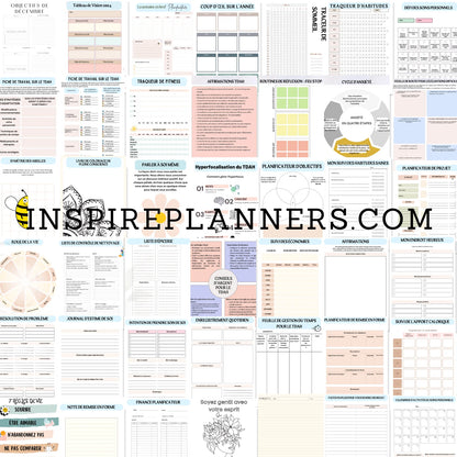 Collection complète en français de feuilles de travail et planificateurs pour le TDAH, objectifs, routines, et gestion du temps.