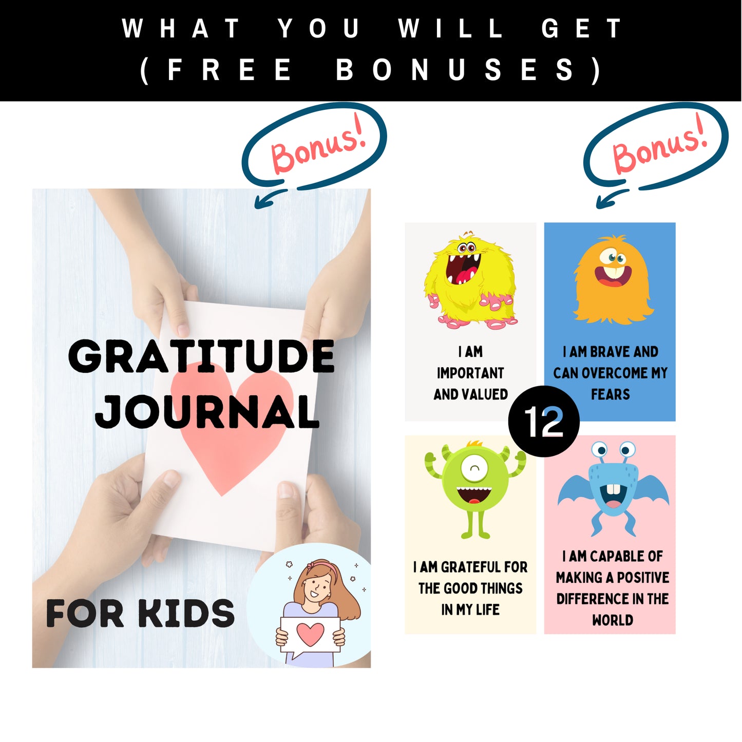 ADHD Planner Bonus: Gratitude Journal for kids and monster affirmation cards for self-esteem.