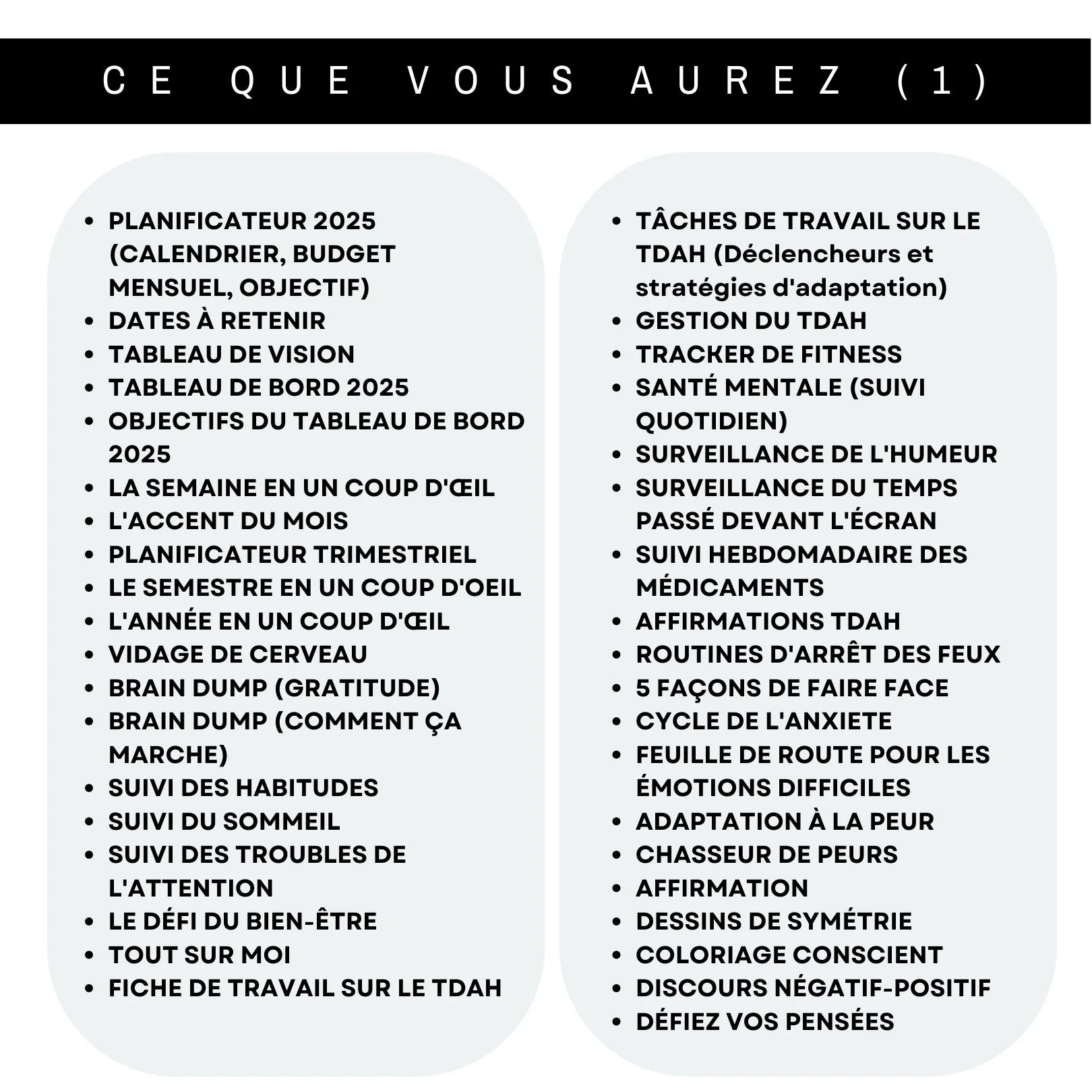  Contenu détaillé du planificateur TDAH 2025 en français : tableaux de bord, gestion des habitudes, affirmations et suivi de santé mentale.