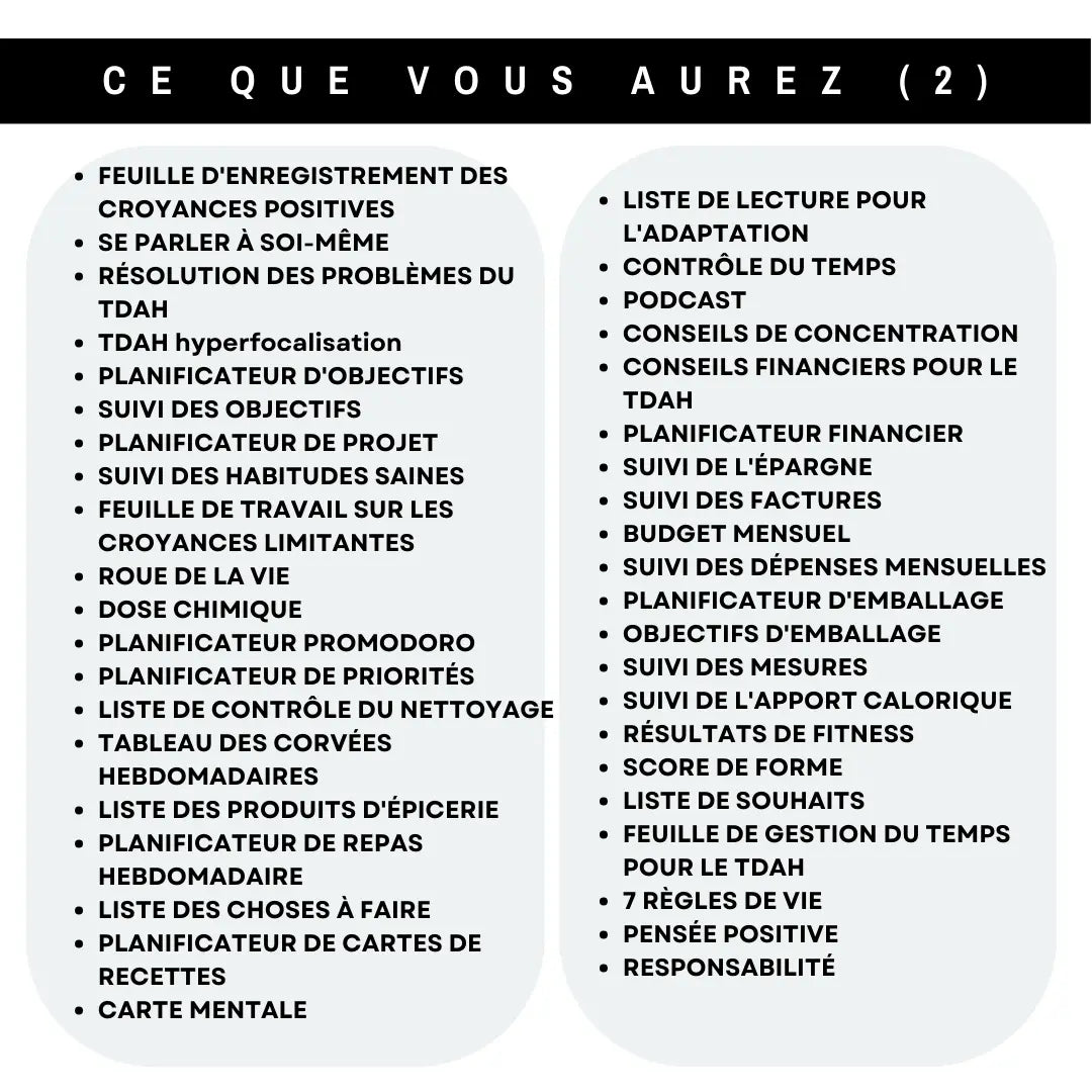 Fonctionnalités du planificateur TDAH en français : gestion des objectifs, finances, habitudes saines, pensées positives et suivi de santé.