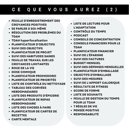 Fonctionnalités du planificateur TDAH en français : gestion des objectifs, finances, habitudes saines, pensées positives et suivi de santé.