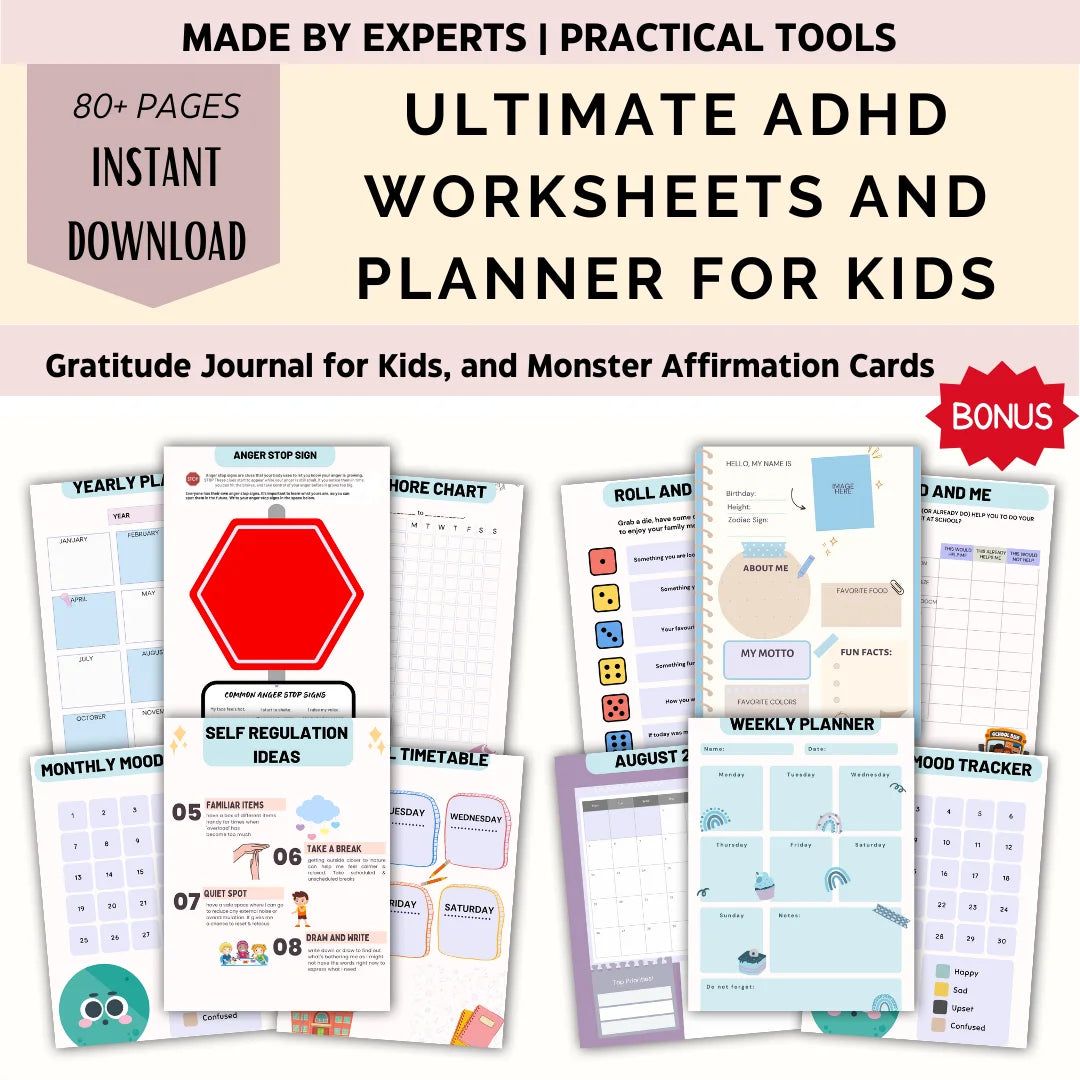 ADHD Planner and Worksheets for Kids Bundle with 80+ pages, including anger stop sign, chore chart, and gratitude journal.