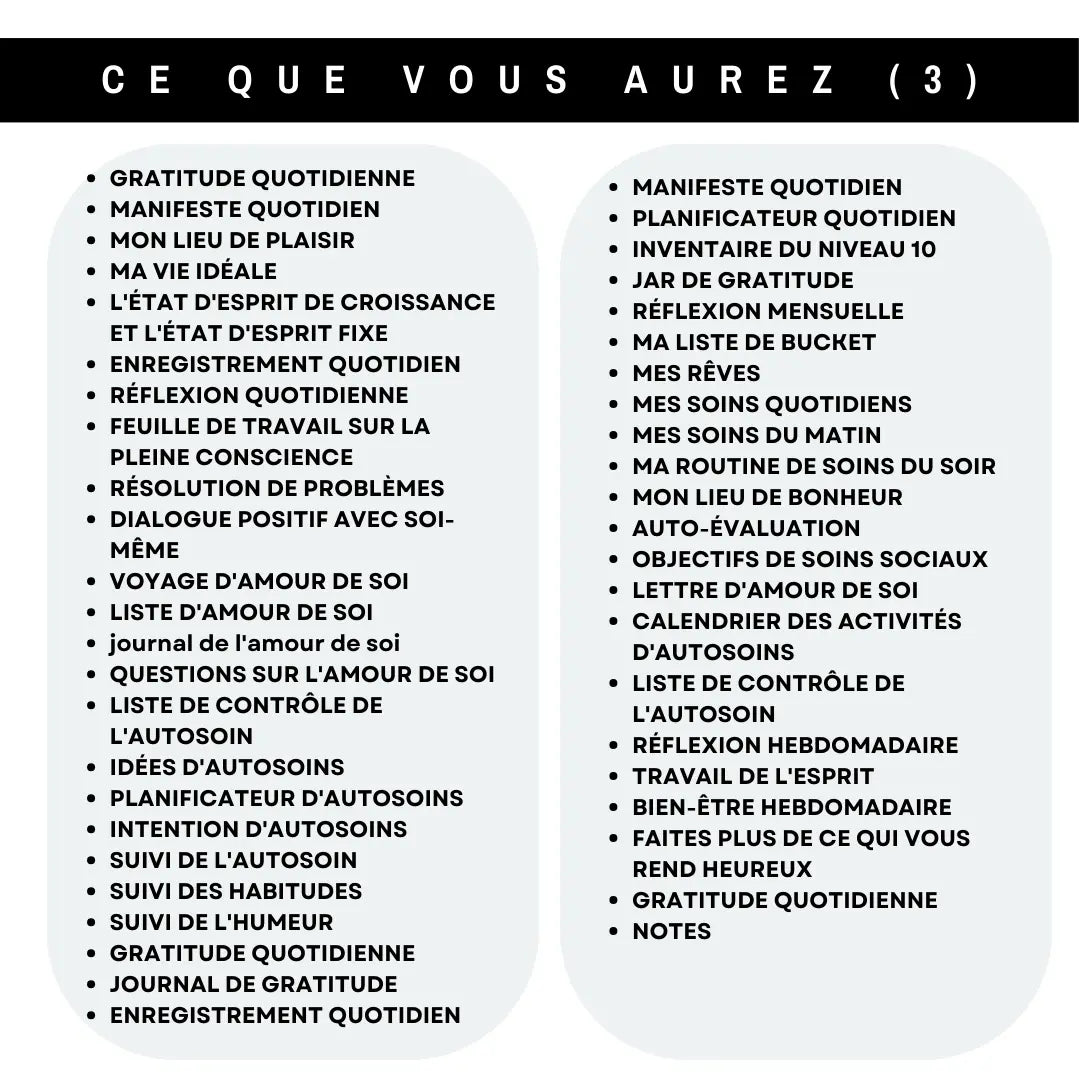 Contenu du planificateur TDAH en français : gratitude quotidienne, auto-soins, réflexion hebdomadaire et objectifs de bien-être.