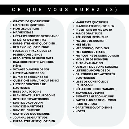 Contenu du planificateur TDAH en français : gratitude quotidienne, auto-soins, réflexion hebdomadaire et objectifs de bien-être.