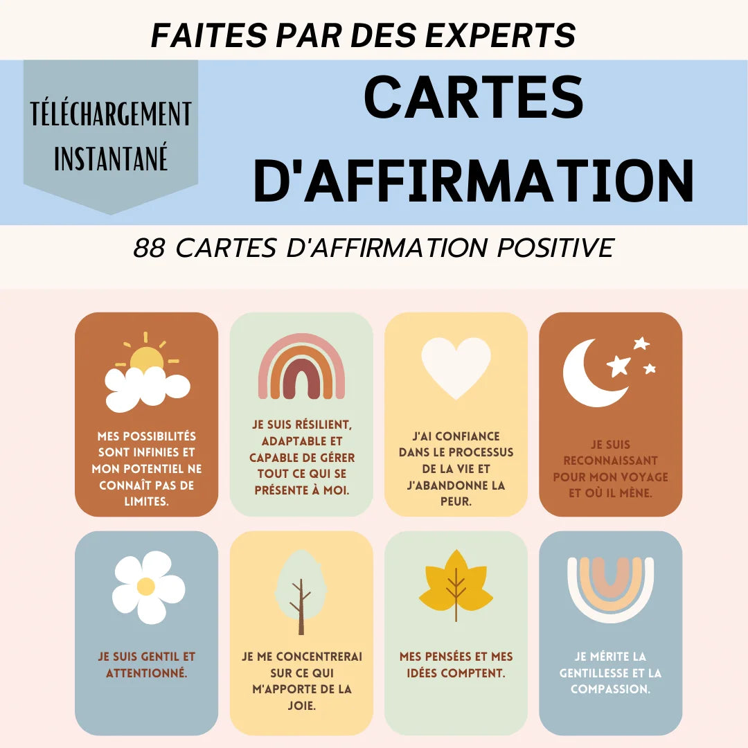 88 cartes d'affirmation positive en français, téléchargeables instantanément pour renforcer la confiance et la motivation.