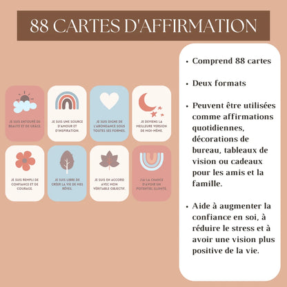 Cartes d'affirmation en français avec 88 citations positives pour booster la confiance et réduire le stress, disponibles en deux formats.