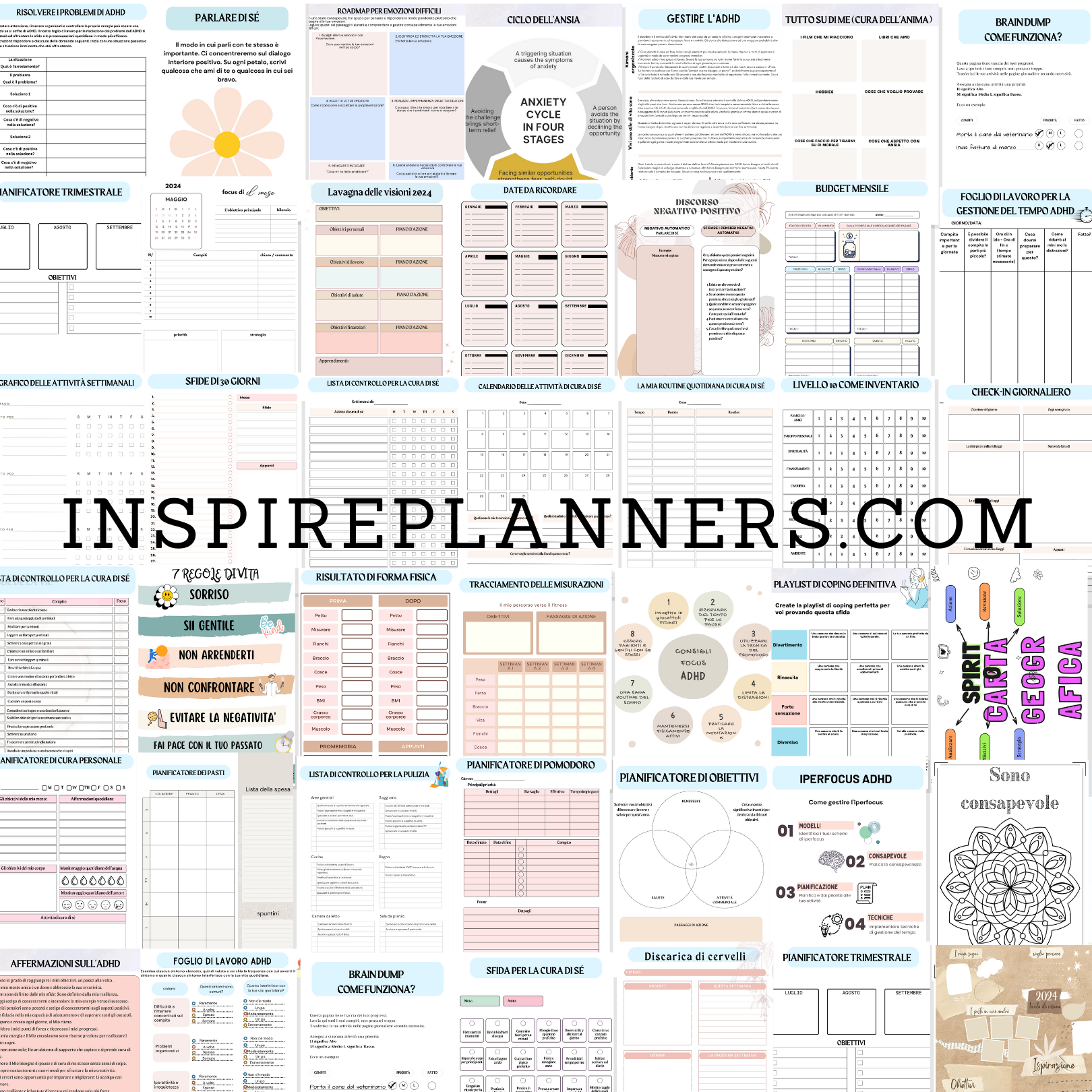 Anteprima del planner ADHD con strumenti per pianificazione, gratitudine, gestione dell'attenzione e obiettivi.