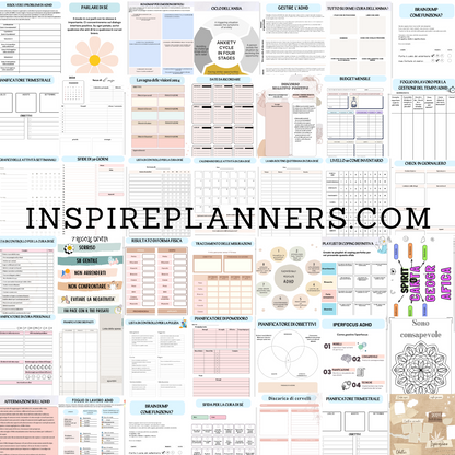 Anteprima del planner ADHD con strumenti per pianificazione, gratitudine, gestione dell'attenzione e obiettivi.