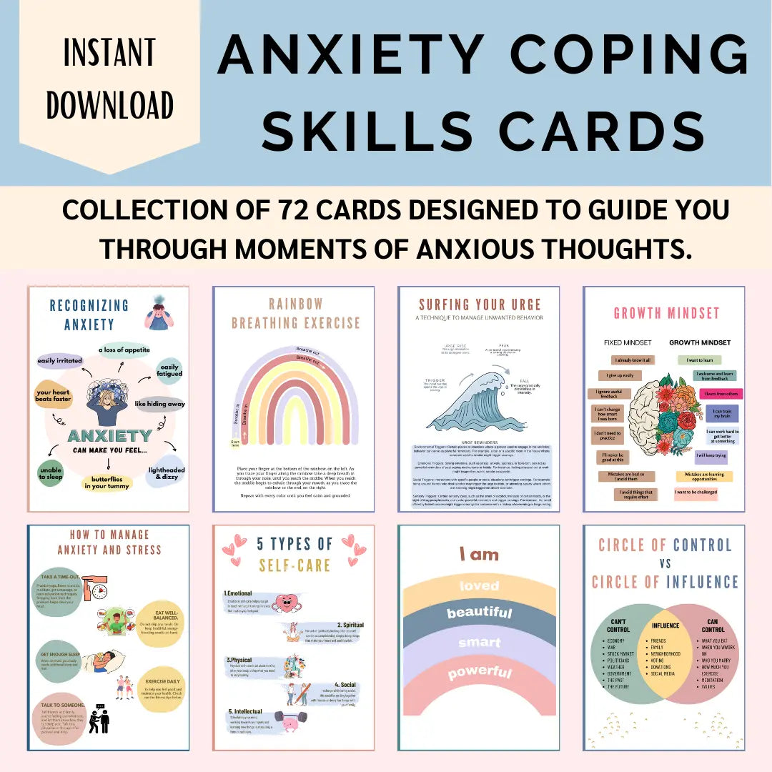 Anxiety coping skills cards for instant download featuring 72 strategies for managing anxious thoughts.