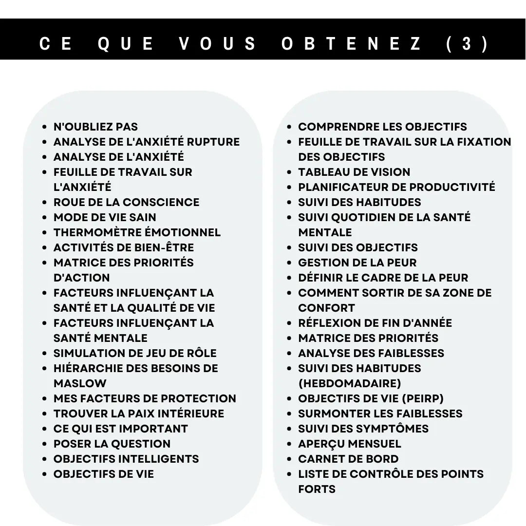 Liste d'outils en français pour la gestion de l'anxiété, fixation d'objectifs, habitudes saines, et planification de la santé mentale.