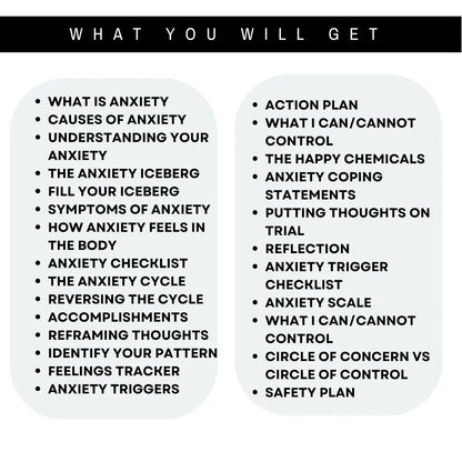 List of what you will get in the Anxiety Worksheets, including triggers, coping statements, and action plans.