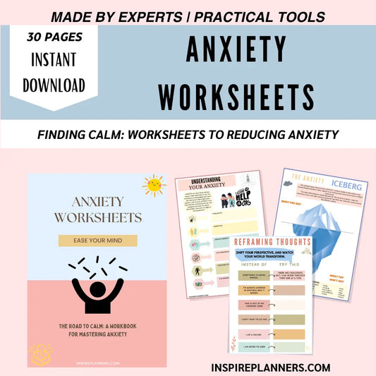 Anxiety worksheets for easing the mind with practical tools to understand and reduce anxiety, 30 pages instant download.