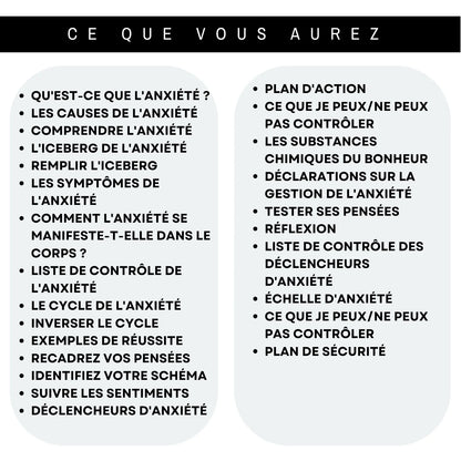 Contenu des feuilles de travail sur l'anxiété en français : guide pour réduire l'anxiété et renforcer la santé mentale.