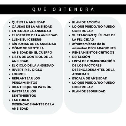 Contenido de las hojas de trabajo para reducir la ansiedad: plan de acción, identificar patrones, replantear pensamientos y más.