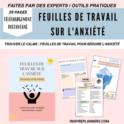 Couverture des feuilles de travail sur l'anxiété en français : trouvez le calme avec des exercices pour maîtriser l'anxiété.