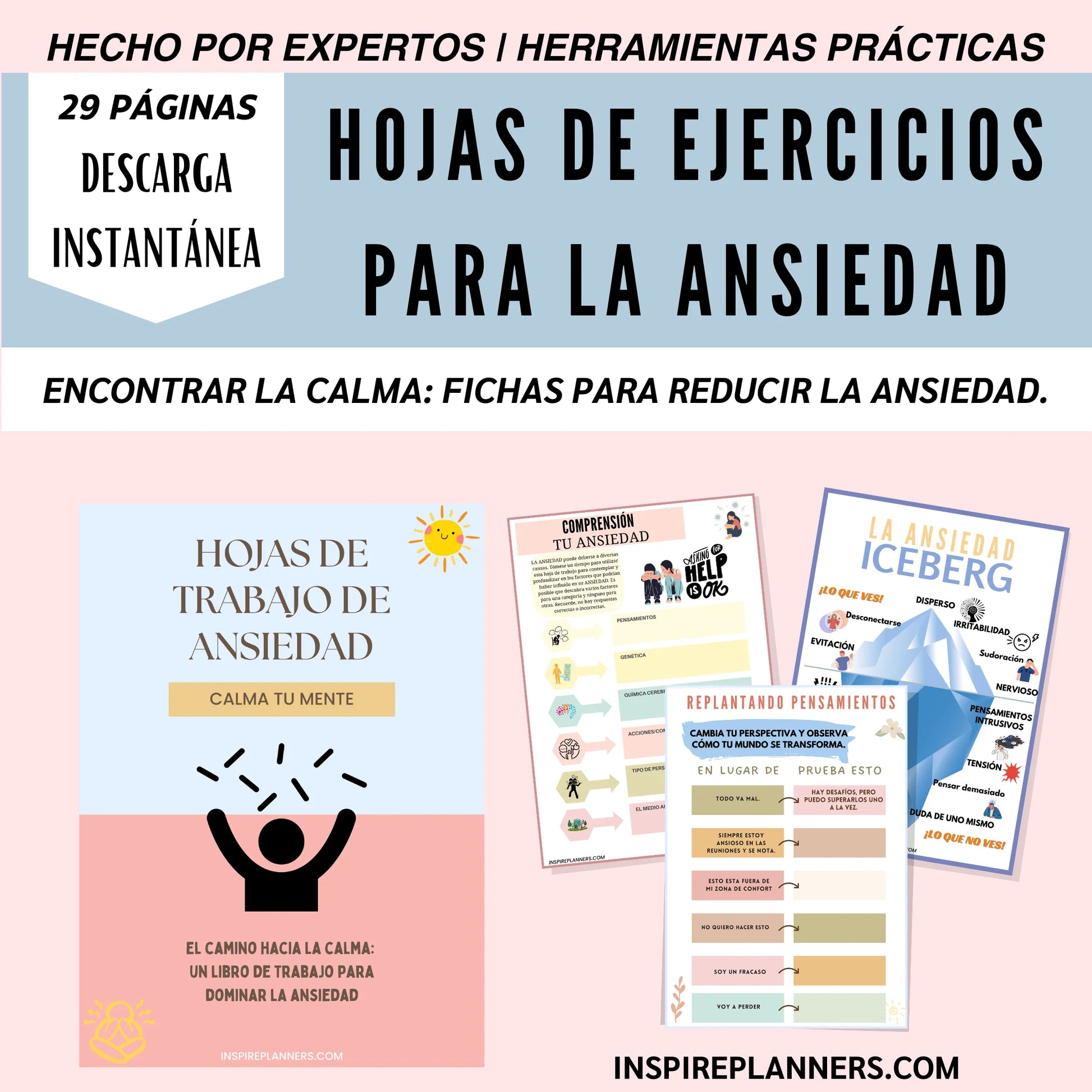 Portada de las hojas de trabajo para la ansiedad en español: guía práctica para reducir la ansiedad y encontrar la calma.