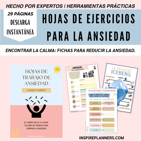 Portada de las hojas de trabajo para la ansiedad en español: guía práctica para reducir la ansiedad y encontrar la calma.