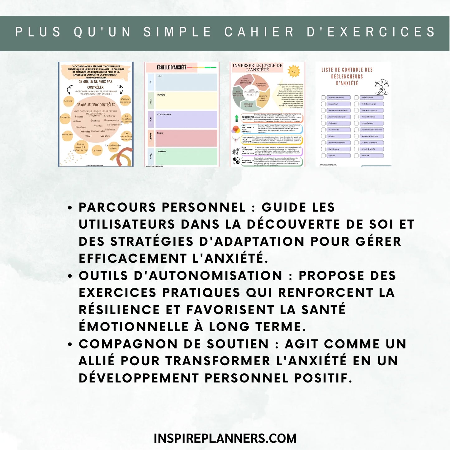 Caractéristiques des feuilles de travail sur l'anxiété en français : outils pratiques, stratégies et résilience émotionnelle.