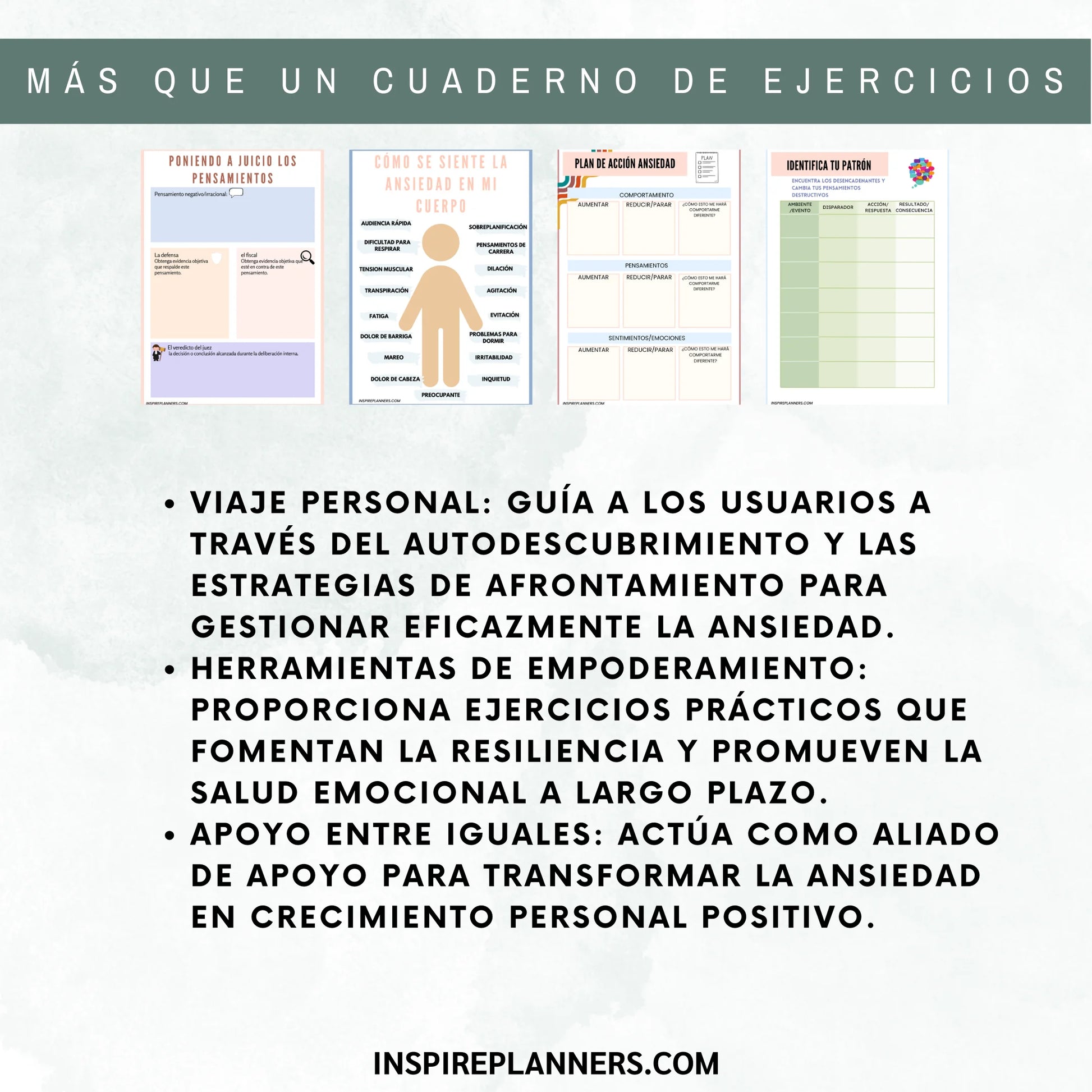 Características de las hojas de trabajo para la ansiedad en español: autodescubrimiento, estrategias y empoderamiento emocional.