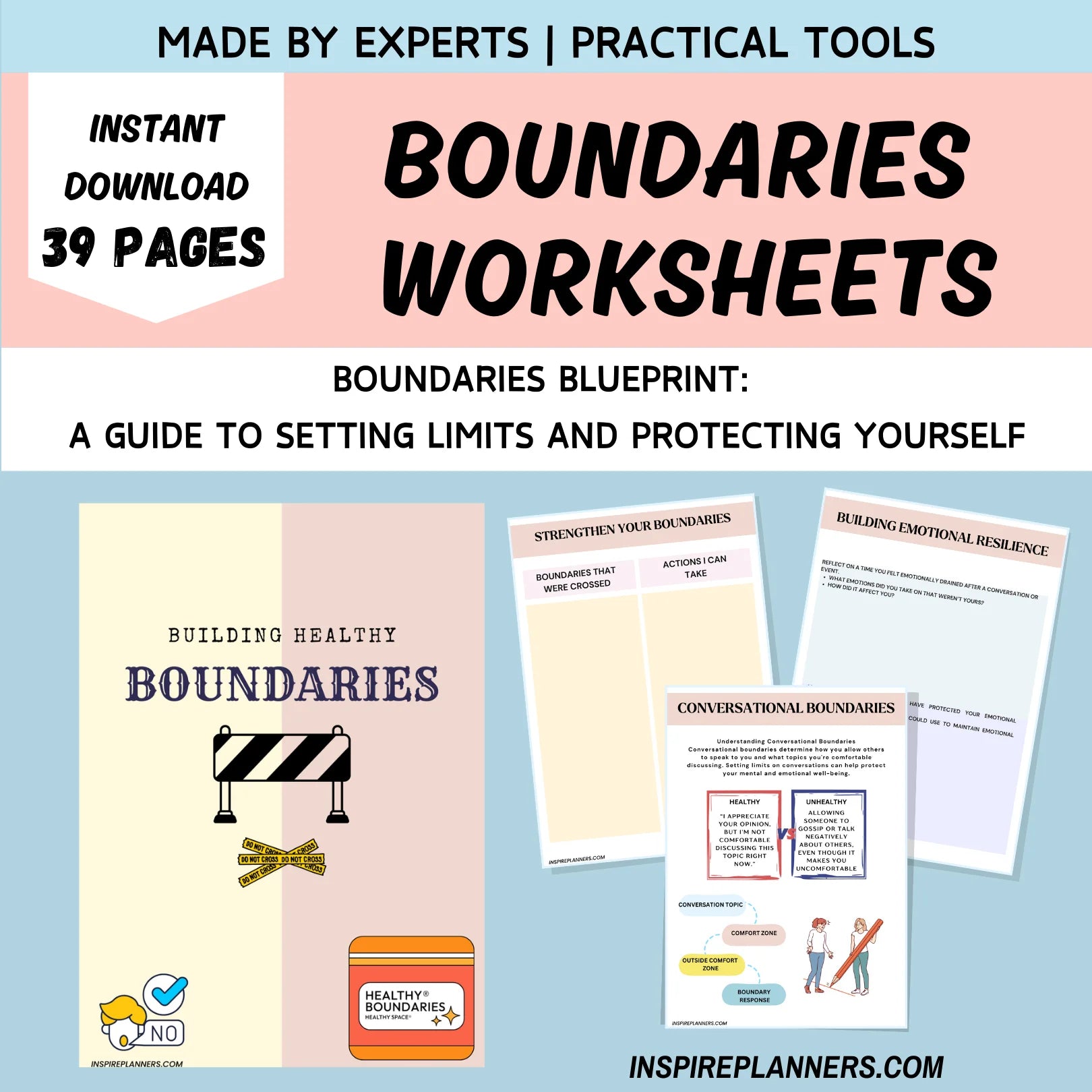 Boundaries Worksheets: A 39-page guide to setting limits, protecting yourself, and building resilience.