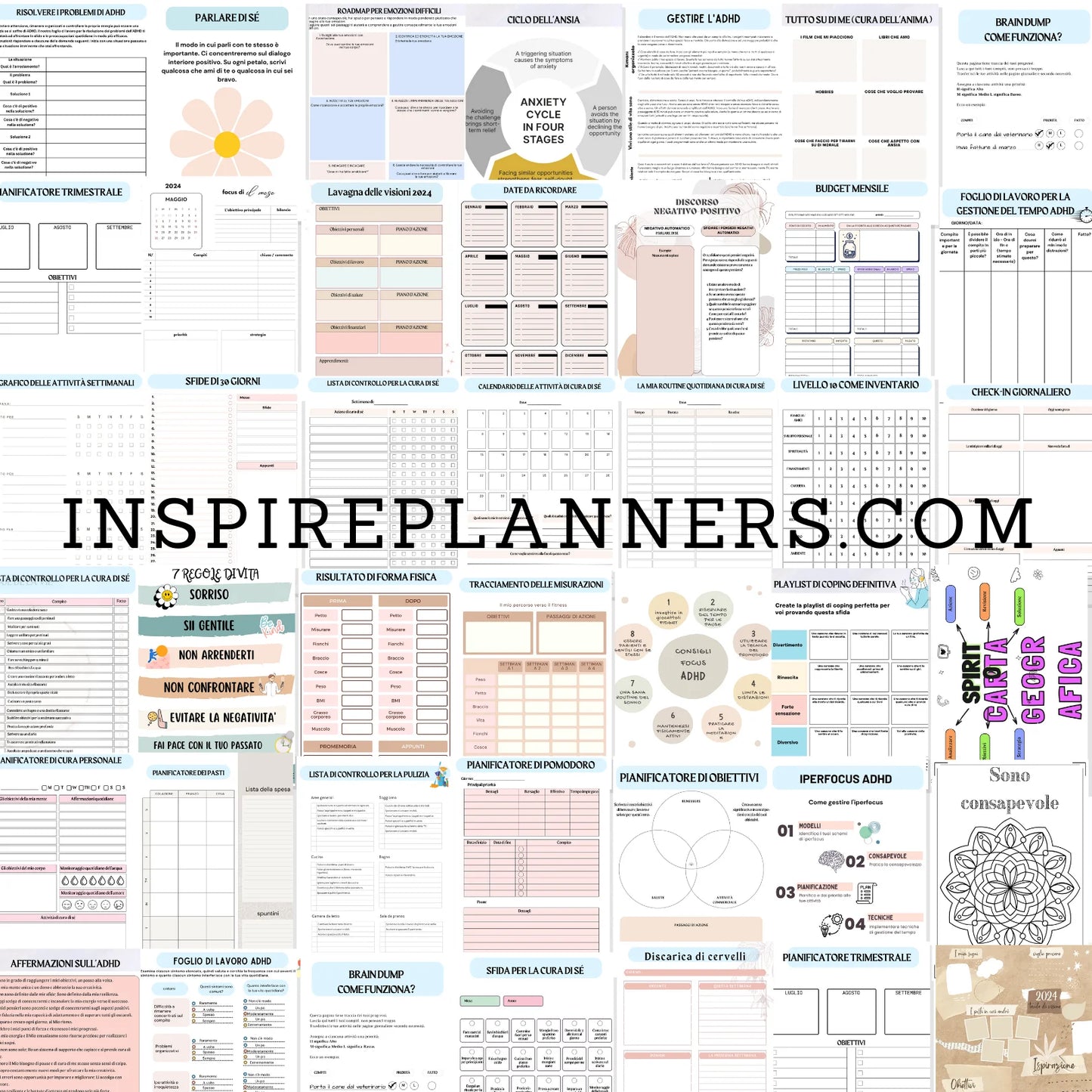 Collage di fogli di lavoro e planner per la salute mentale e gestione dell'ADHD in italiano, offerto da Inspire Planners.