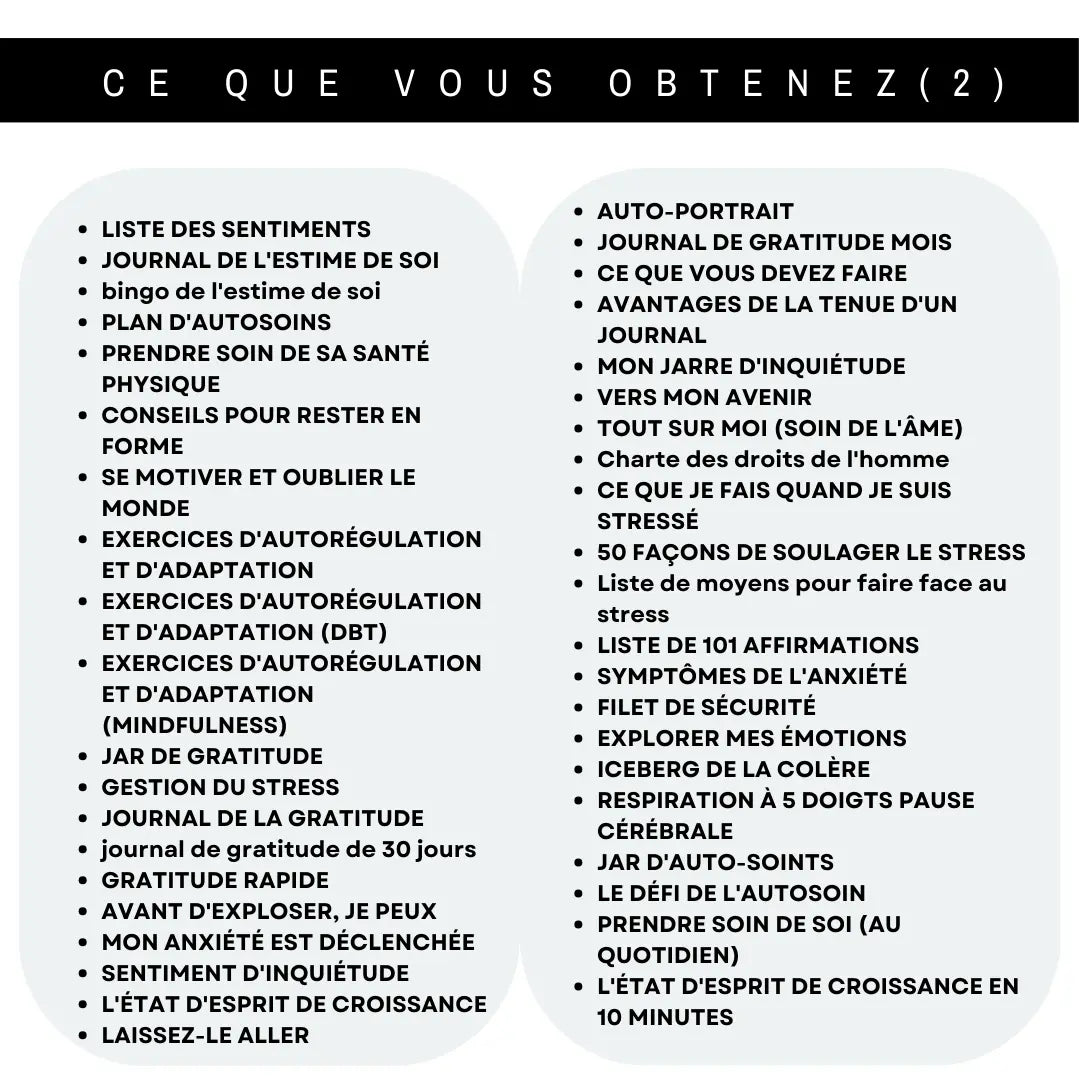 Contenu complet du cahier de santé mentale en français : gestion du stress, journal de gratitude, affirmations et exercices d'autorégulation.