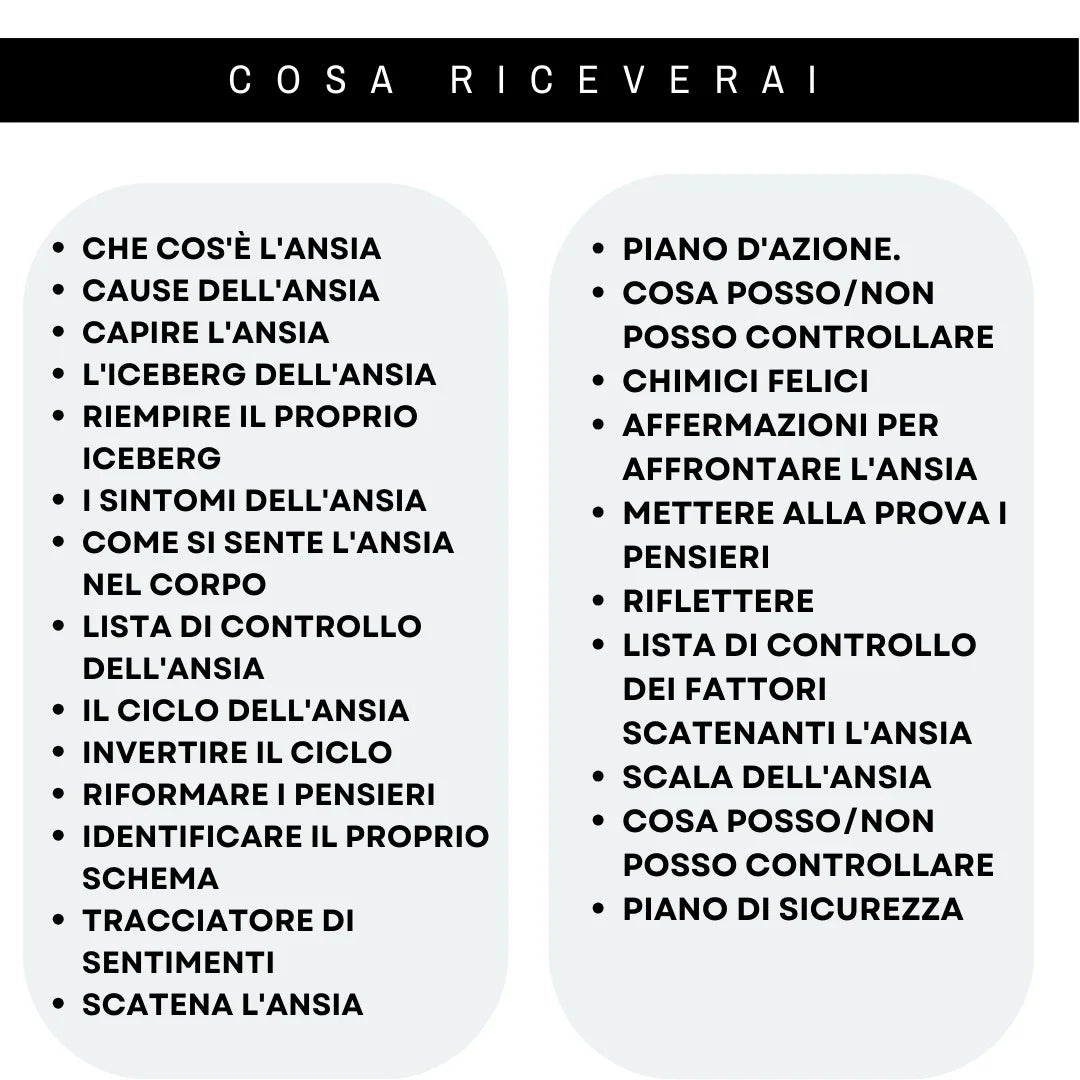 Contenuti inclusi nei fogli di lavoro per l'ansia: sintomi, ciclo, affermazioni e strumenti per affrontare l'ansia.