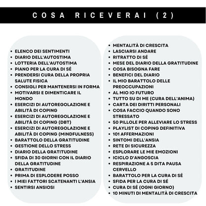 Contenuti delle schede di lavoro: diario della gratitudine, autoregolazione, esercizi di coping e gestione dello stress.