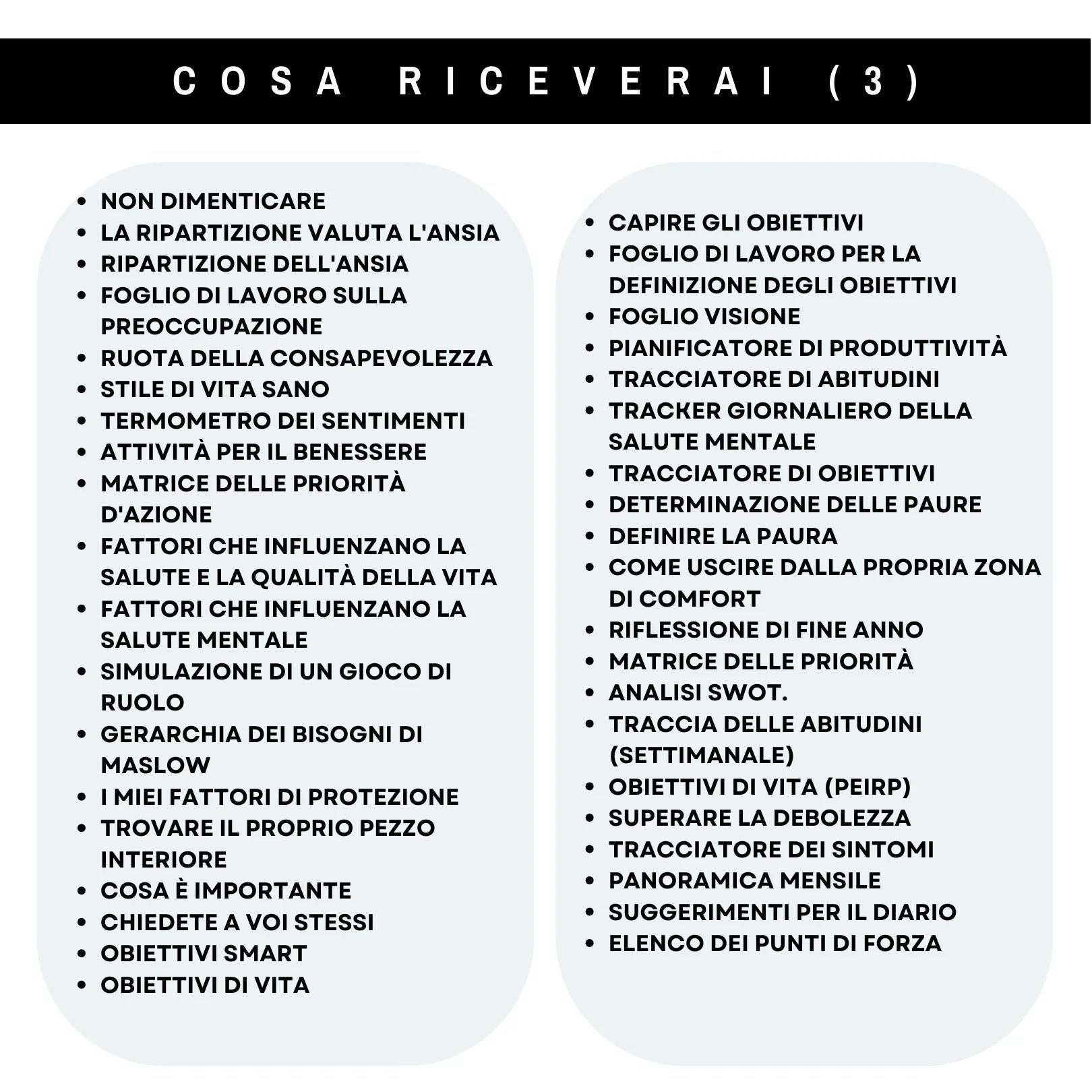 Cosa include il pacchetto: obiettivi SMART, matrice delle priorità, tracciatori di abitudini e strumenti per il benessere mentale.