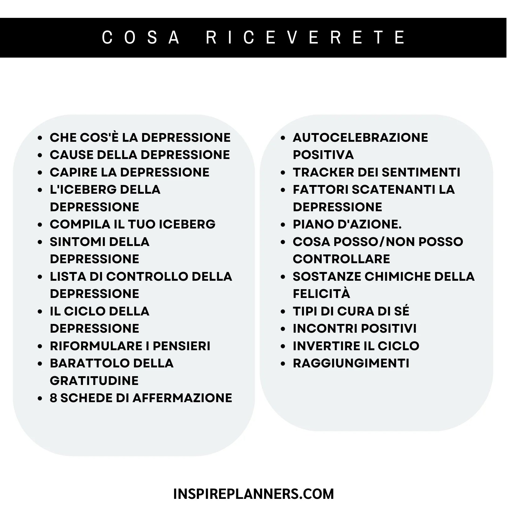 Contenuti delle schede sulla depressione, tra cui sintomi, ciclo, strategie di coping e autocelebrazione positiva.