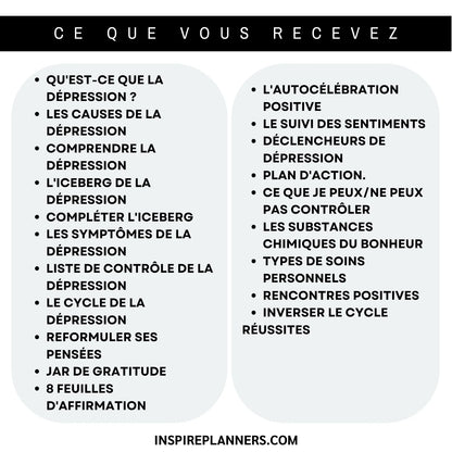 Contenu des feuilles de travail Spirale de Dépression en français : comprendre la dépression, plan d'action, gratitude et soins personnels.