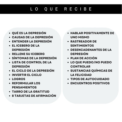 Contenido de las hojas de trabajo Espiral de Depresión en español: qué es la depresión, plan de acción, autocuidado y más.