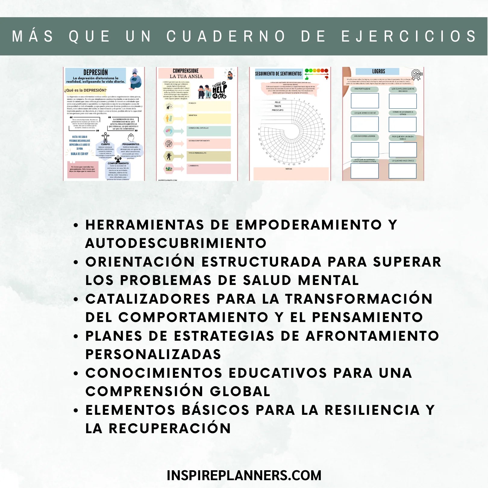 Características de las hojas Espiral de Depresión en español: herramientas, orientación estructurada y planes de acción.