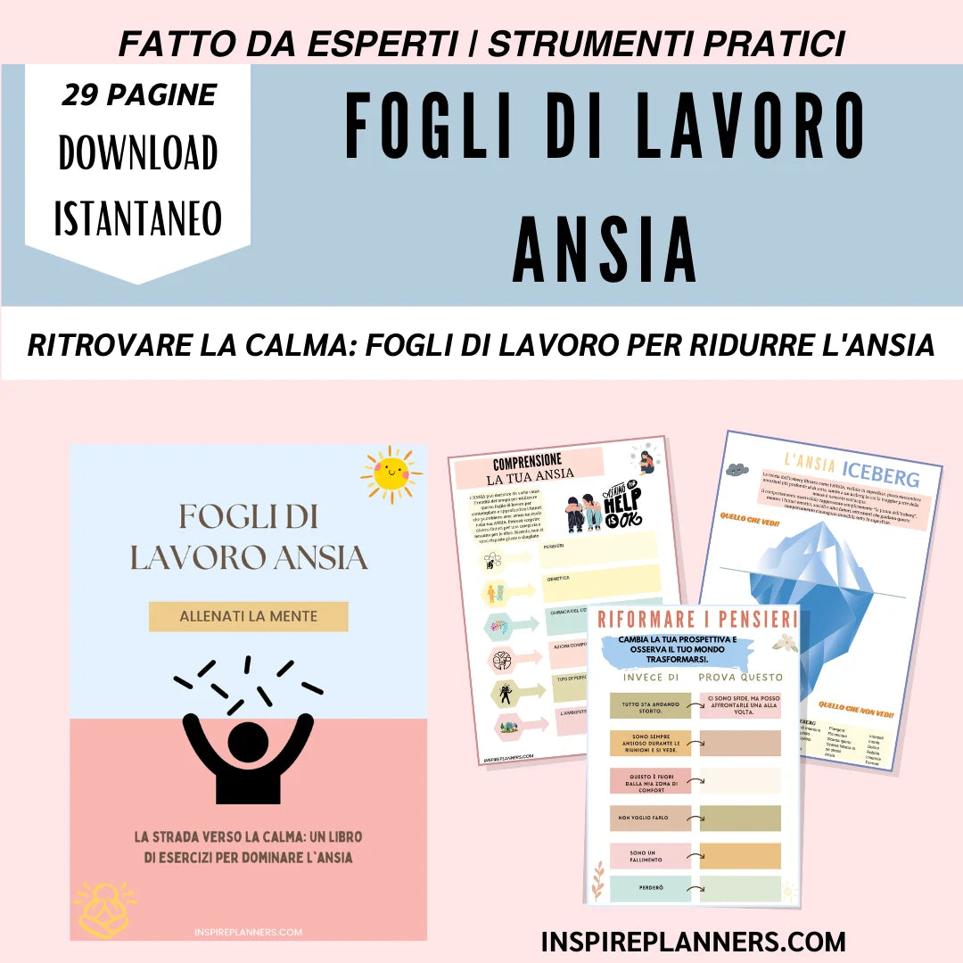 Fogli di lavoro per l'ansia in italiano, strumenti pratici per ridurre l'ansia e promuovere la calma mentale