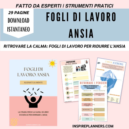 Fogli di lavoro per l'ansia in italiano, strumenti pratici per ridurre l'ansia e promuovere la calma mentale