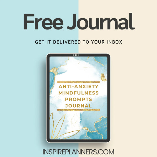 Free Anti-Anxiety mental health journal prompts displayed on a tablet with a blue and gold abstract design, by Inspire Planners.