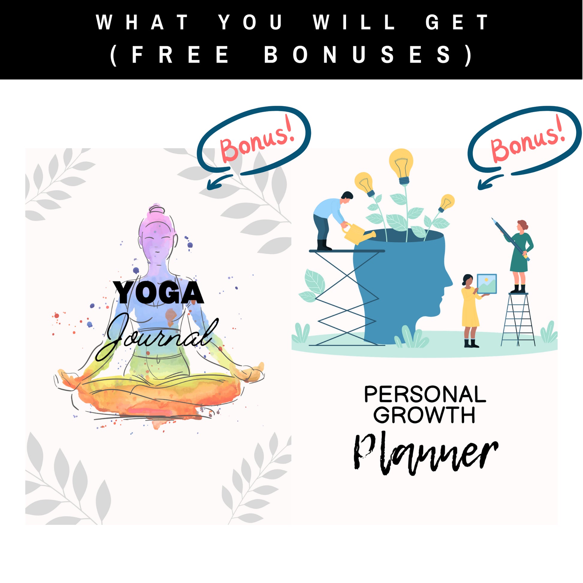 Free bonus yoga journal and personal growth planner with the Ultimate Mental Health Worksheets Bundle.