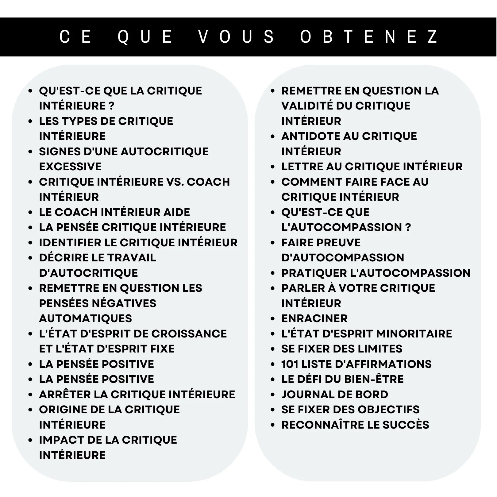 Liste complète du contenu du guide français pour comprendre et gérer le critique intérieur avec exercices d'autocompassion.