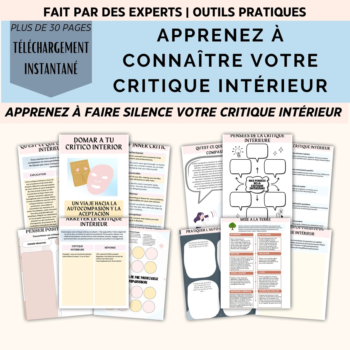 Workbook en français pour apprendre à connaître et faire taire votre critique intérieur, avec outils pour la croissance personnelle.